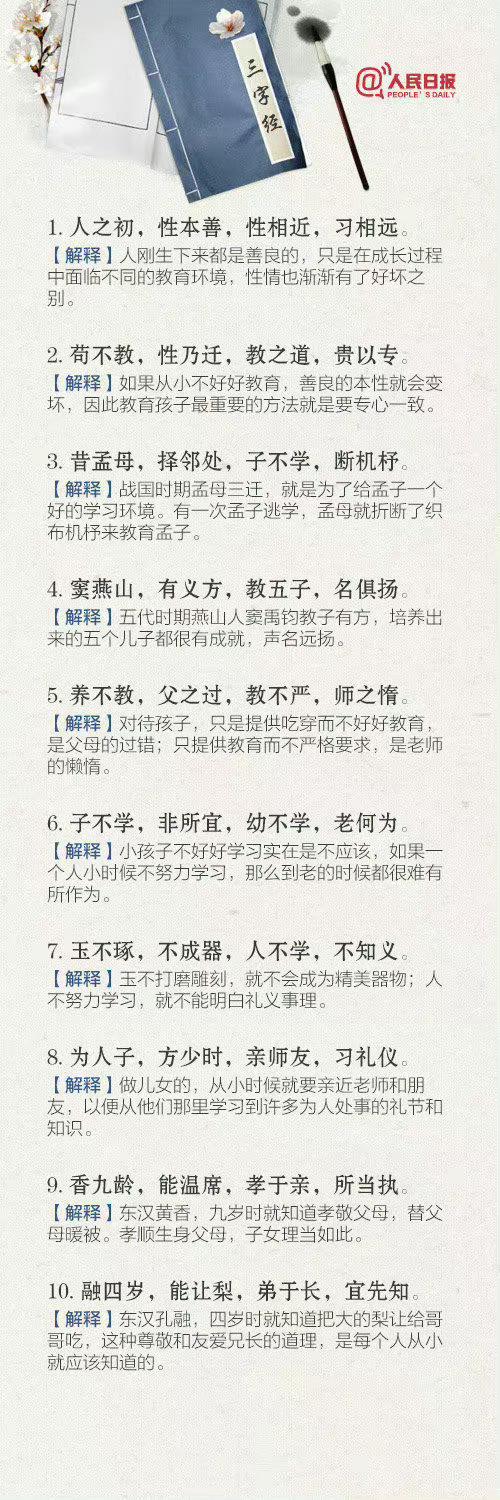 贴心的人民日报为我们整理的《三字经》及其释义，收藏学习了。


