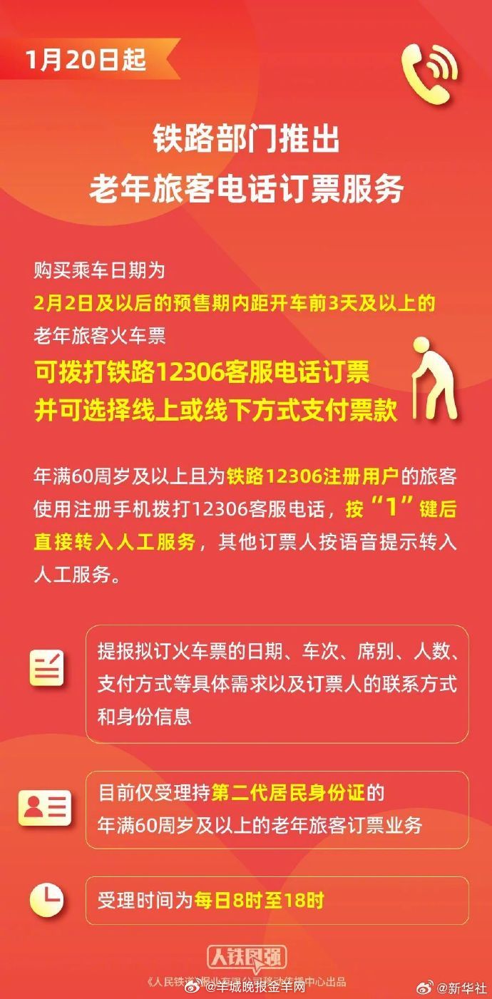 【别忘记告诉爸妈！#60周岁以上老人可拨打12306购票#】#老年旅客可电话订火