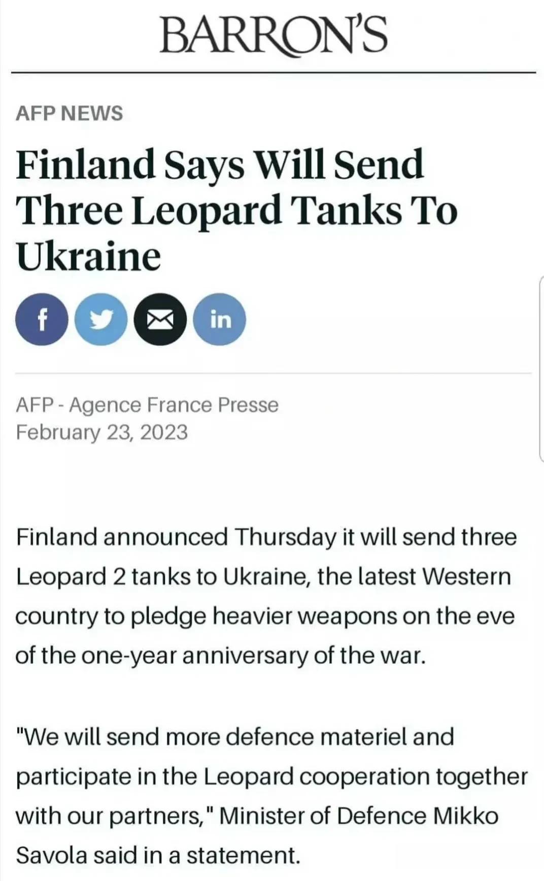 据法新社报道，芬兰在周四宣布将向乌克兰派遣三辆豹2坦克，这是在乌克兰一周年之际提