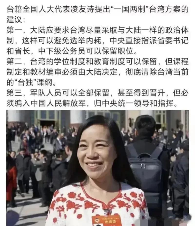 台湾省人大代表凌友诗的提案太让人感动了。这才是“一国两制”台湾方案的正确打开方式