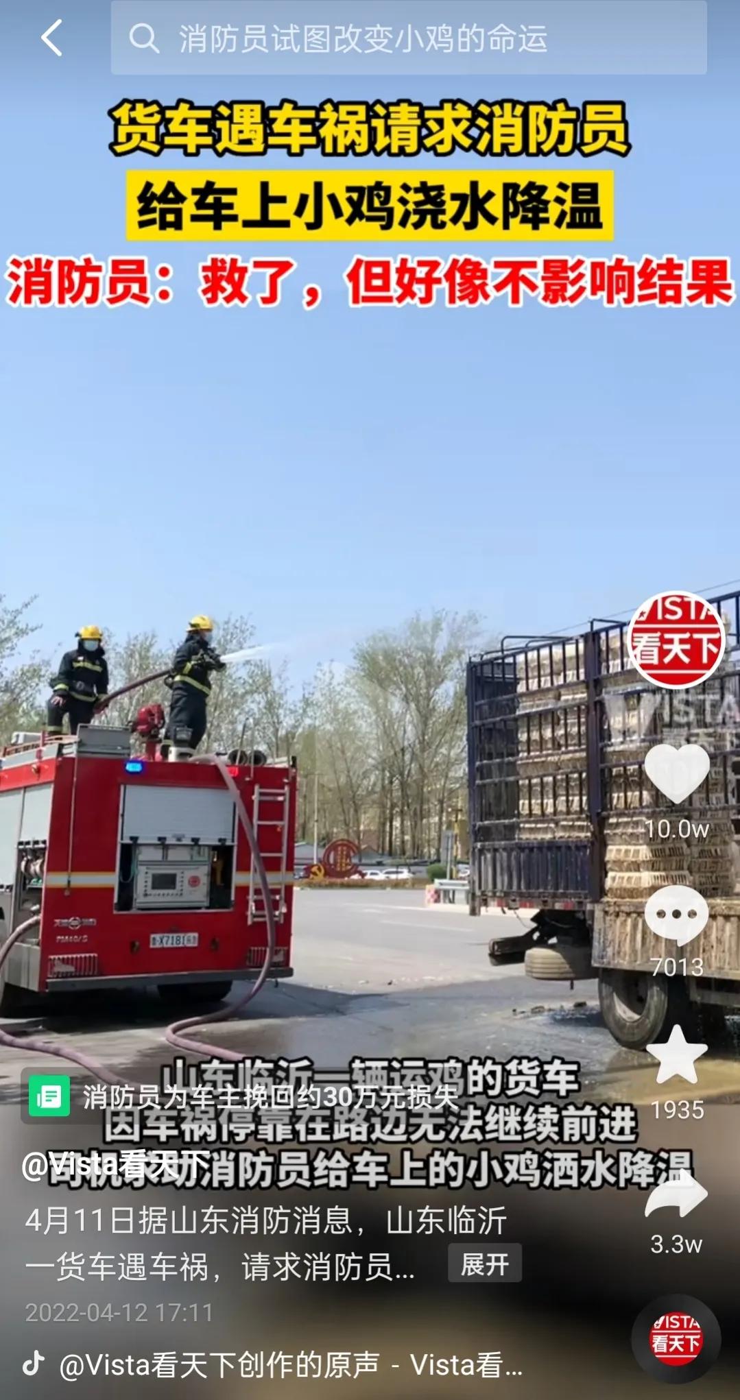 “给我车上的小鸡浇水降降温吧，要不都热死了。”消防员们赶紧对小鸡进行浇水，试图挽