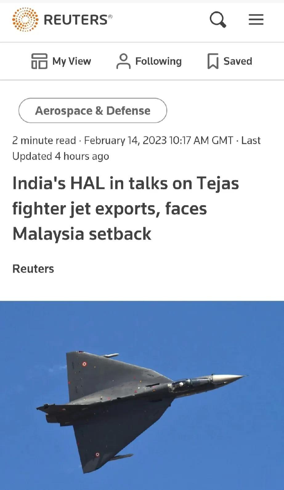 印度HAL在Tejas战斗机出口谈判中面临马来西亚挫折

路透社2月14日-印度