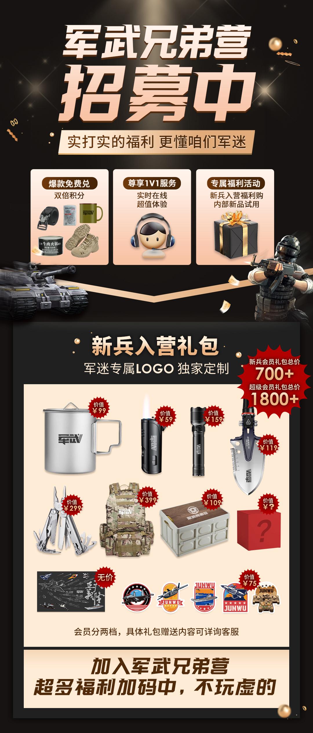 军武兄弟营招募中！
咱们从年初开始筹备，
包含了入营即送的定制礼包，双倍积分兑换