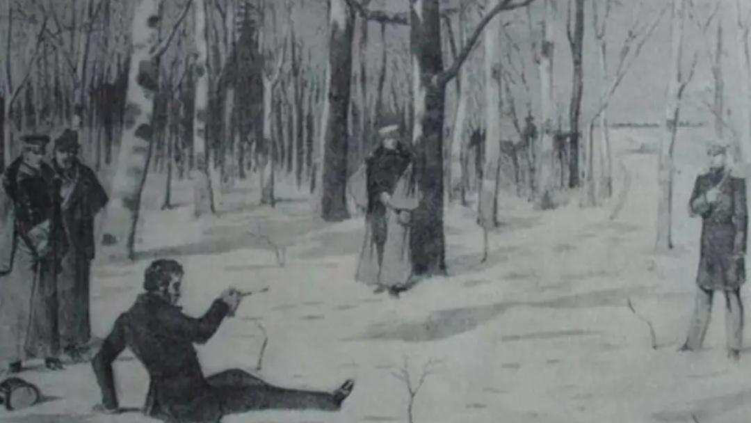 1837年2月8日，俄国诗人普希金因法国军官丹特斯勾引自己的妻子，愤而与之决斗，