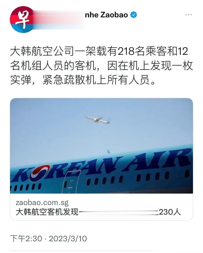 恐怖！新加坡联合早报报道：“大韩航空公司一架载有218名乘客和12名机组人员的客