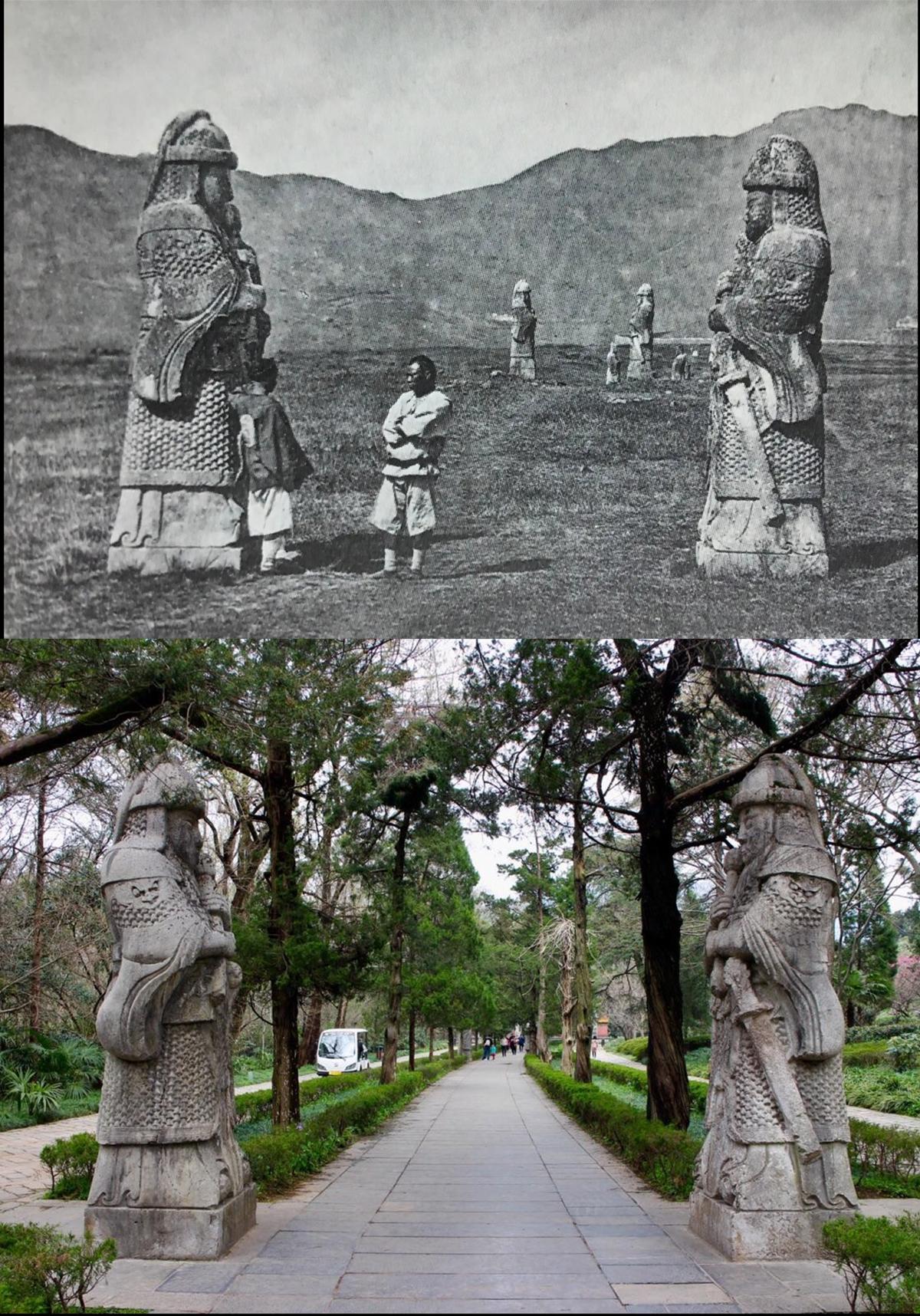 100多年前清末的南京明孝陵石像生古今对比。
整个钟山都是光秃秃的，足见清末民生