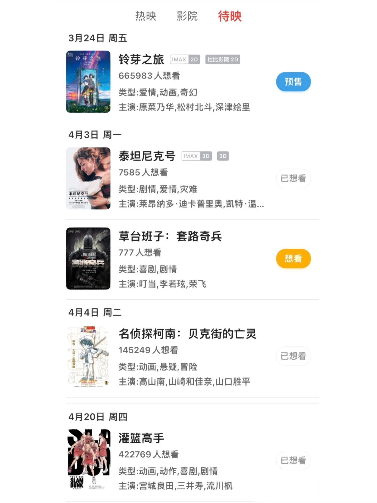 接下来的日子要住在电影院了第一天铃芽之旅第二天泰坦尼克号第三天柯南第四天灌篮高手