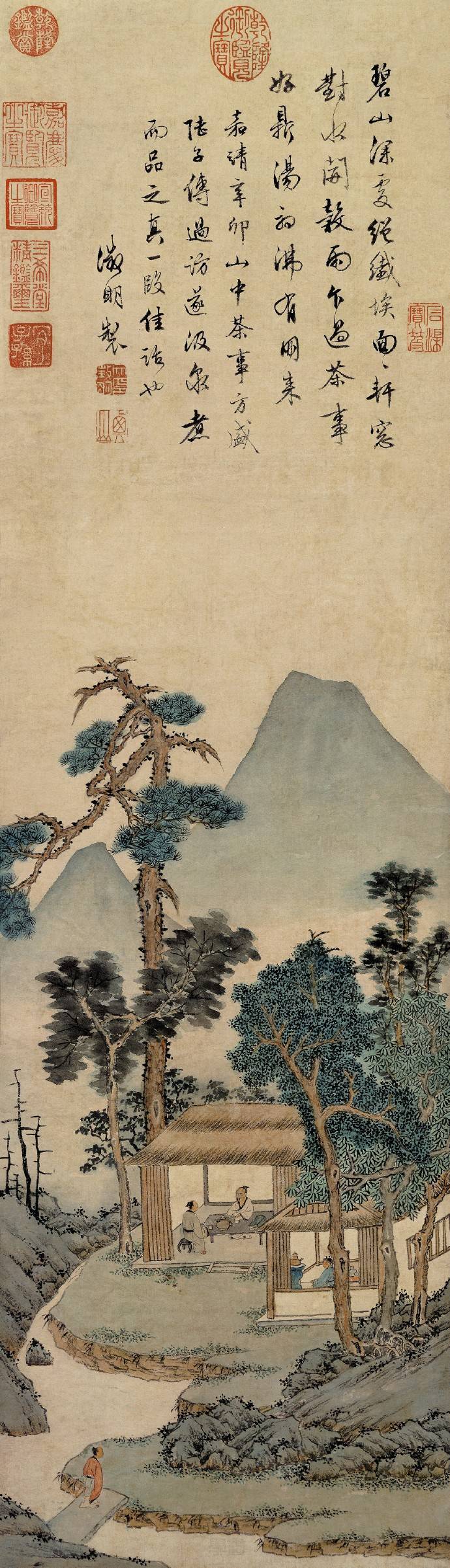 【文徵明 明《品茶图》】立轴，纸本设色，142.3×40.9cm，台北故宫博物院