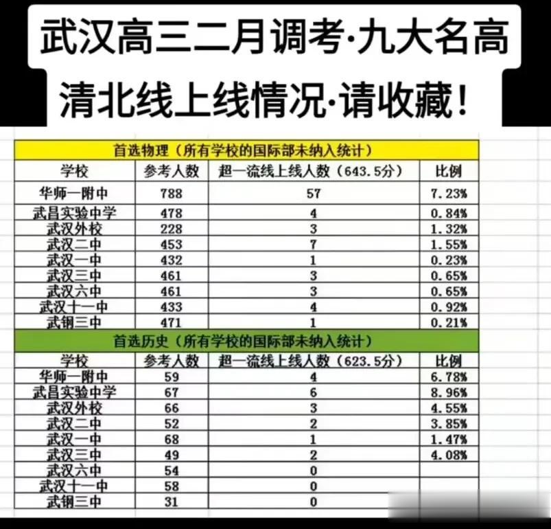 武汉高三二月调考，九大名高清北线上线情况。