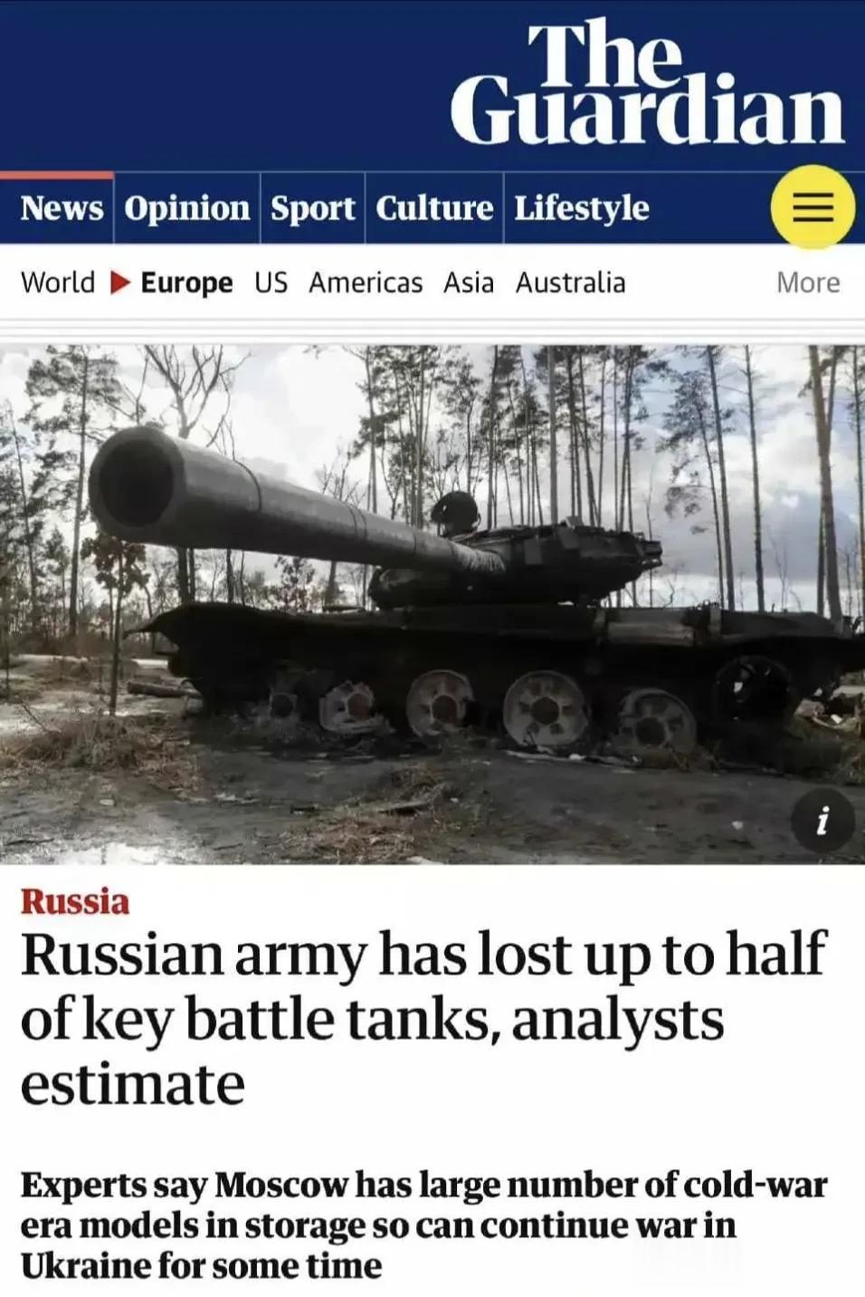 据英国《卫报》报道，俄罗斯军队在俄乌战争中已经损失了多达一半的主战坦克。专家表示