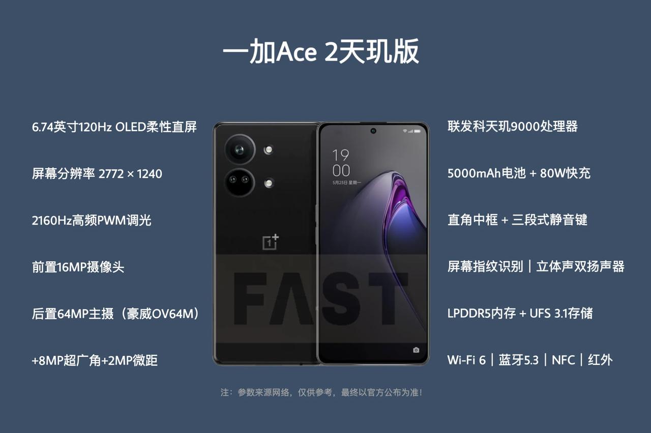 一加Ace 2天玑版（暂命名）外观和核心参数基本确定，正面采用极窄边框直屏，后置