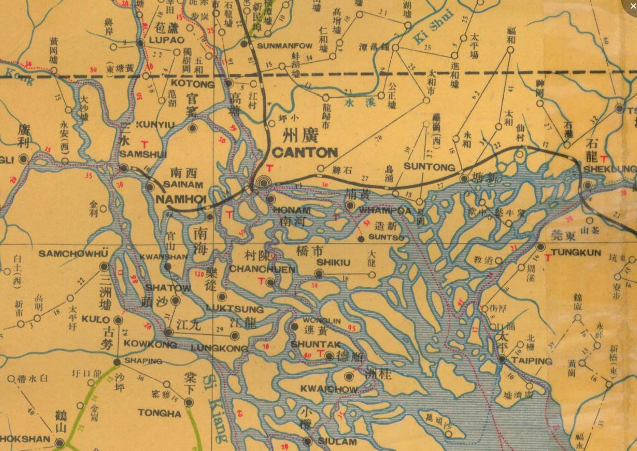 广州老地图，广州的英文是“CANTON”，当年广州海珠的确没有太多的陆地，黄埔古