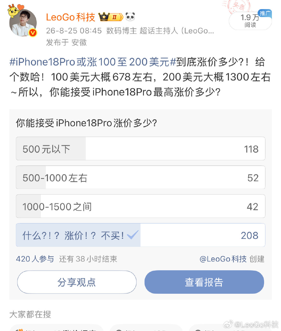 我做了统计，大多数人能接受涨价在500元以下~ ​