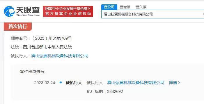  天眼查APP显示，近日，眉山弘翼机械设备科技有限公司新增一则被执行人信息，执行