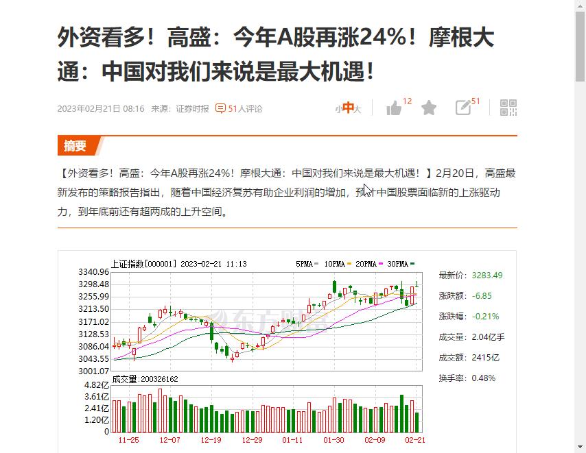 【外资看多！高盛：今年A股再涨24%！摩根大通：中国对我们来说是最大机遇！】2月