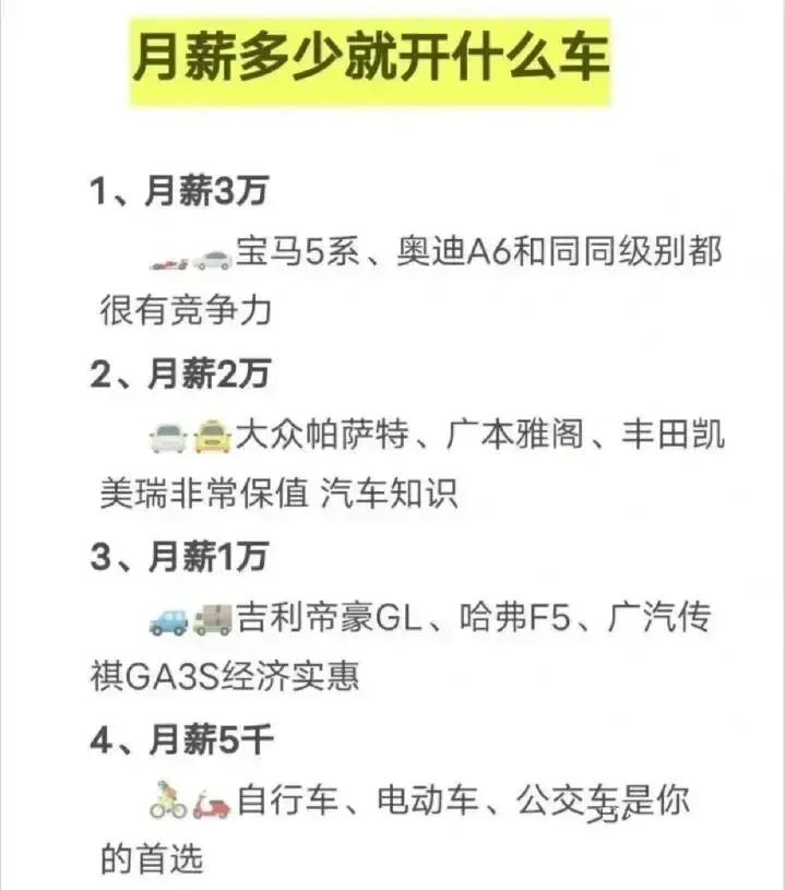 月薪决定了你开什么样的车，这个列表分类你怎么看？

如果是这样，真的跟古代的时候