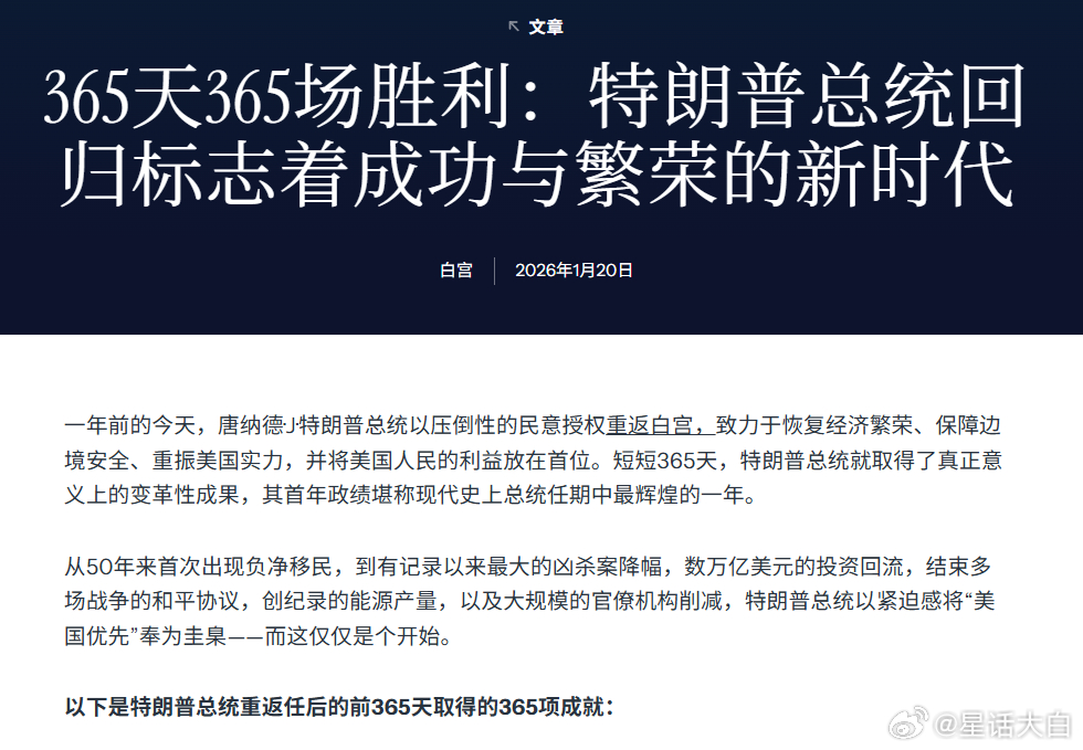 白宫发布文章《365天365场胜利：特朗普总统回归标志着成功与繁荣的新时代》。白