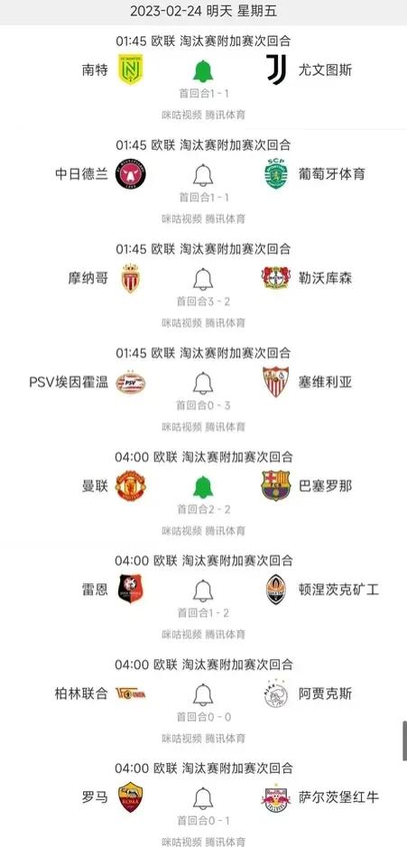 预告明天欧联杯1/16淘汰赛附加赛次回合比赛，尤文图斯、曼联、巴塞罗那、罗马谁会