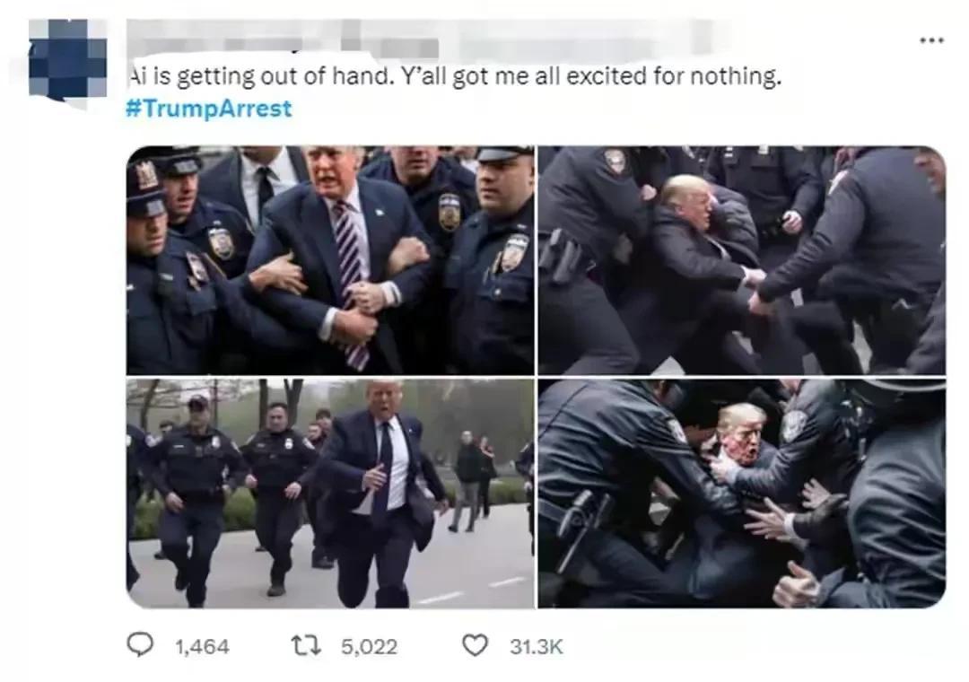  这说明了什么呢？真实情形未发生之前，就有英国记者利用AI合成了一系列他被捕的照