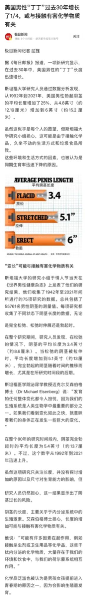感觉这项对“丁丁”的研究对有些人有福了，没想到接触有害化学物质还能增长“丁丁”，