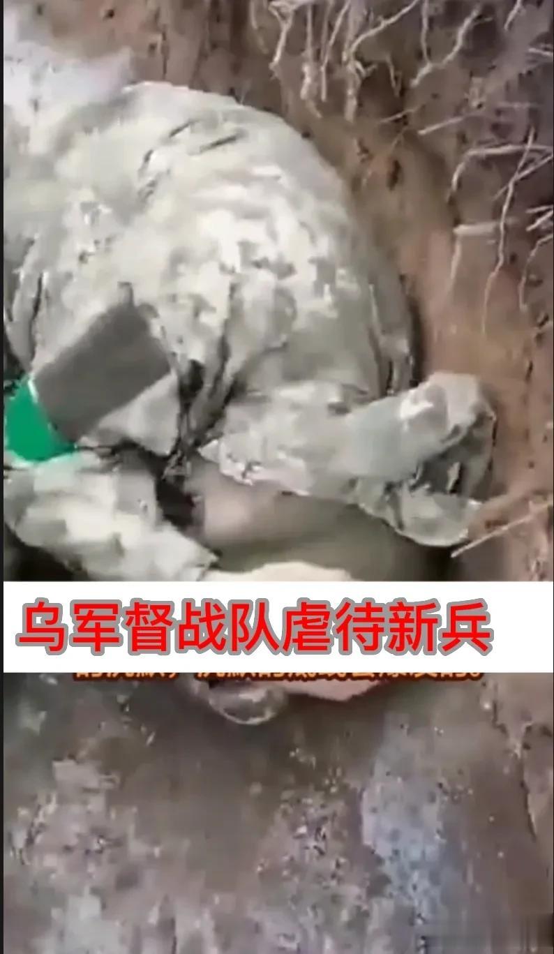 乌军发布视频，两名督战队士兵在一个堑壕内，搜寻到一名蹲在里面避战新兵。踹倒新兵后
