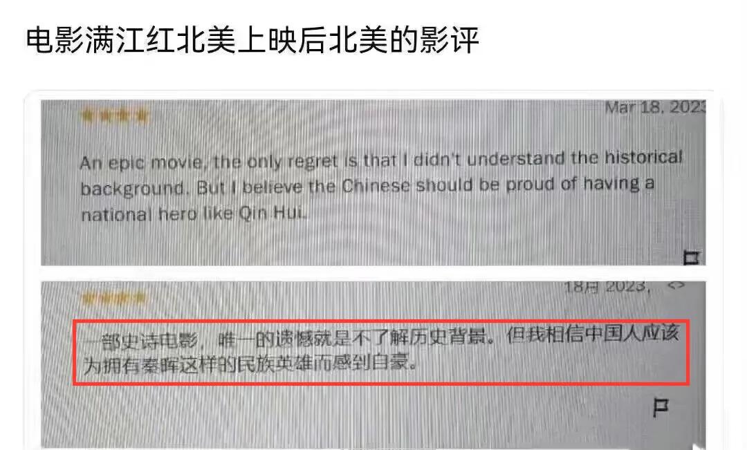 “一部史诗级电影，唯一的遗憾就是不了解历史背景。但我相信，中国人应该为拥有秦桧这