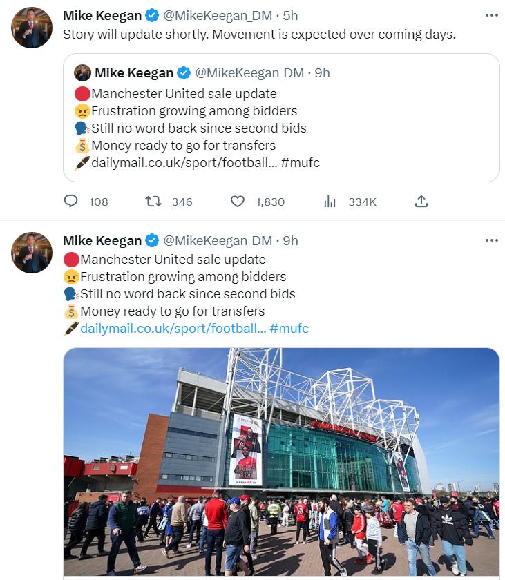《每日邮报》Mike Keegan更新社媒说：曼联的出售将在未来几天出结果

M