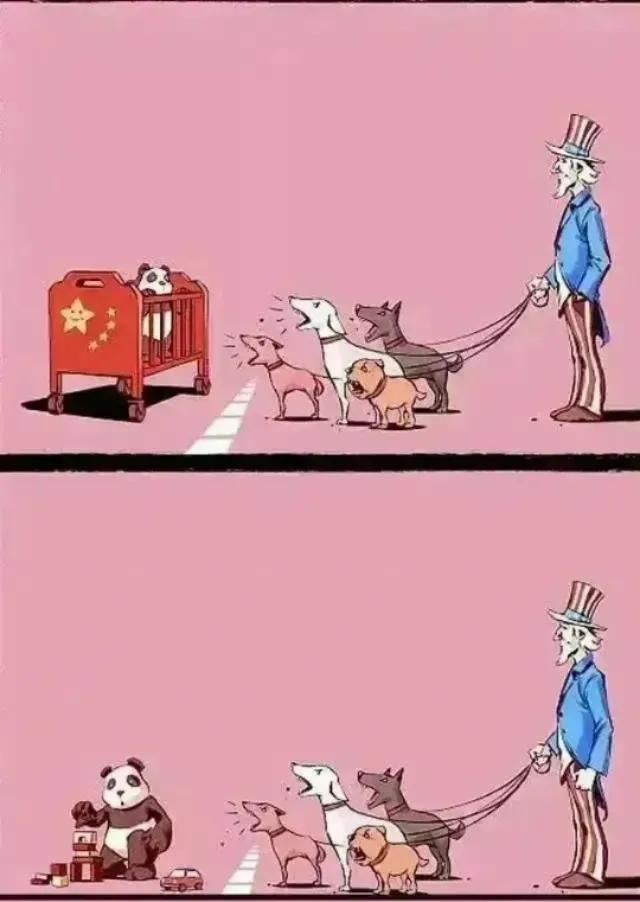 这是我看过对中美关系表达的最清楚的一组漫画。有意思的是美国养的4条狗，我猜白色可