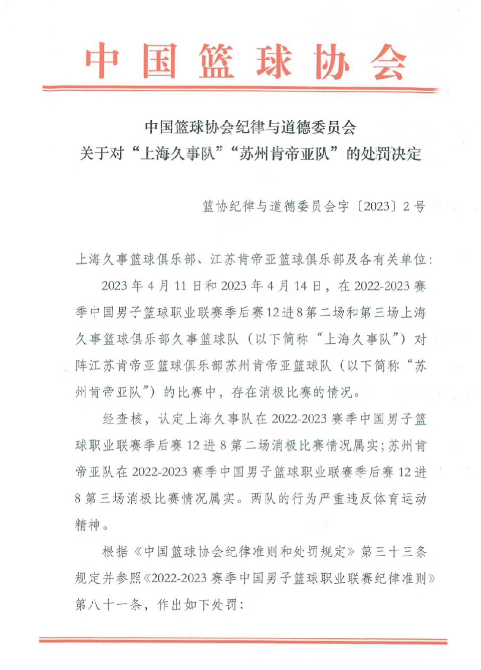 中国篮球协会纪律与道德委员会关于对“上海久事队”“苏州肯帝亚队”的处罚决定 ​​