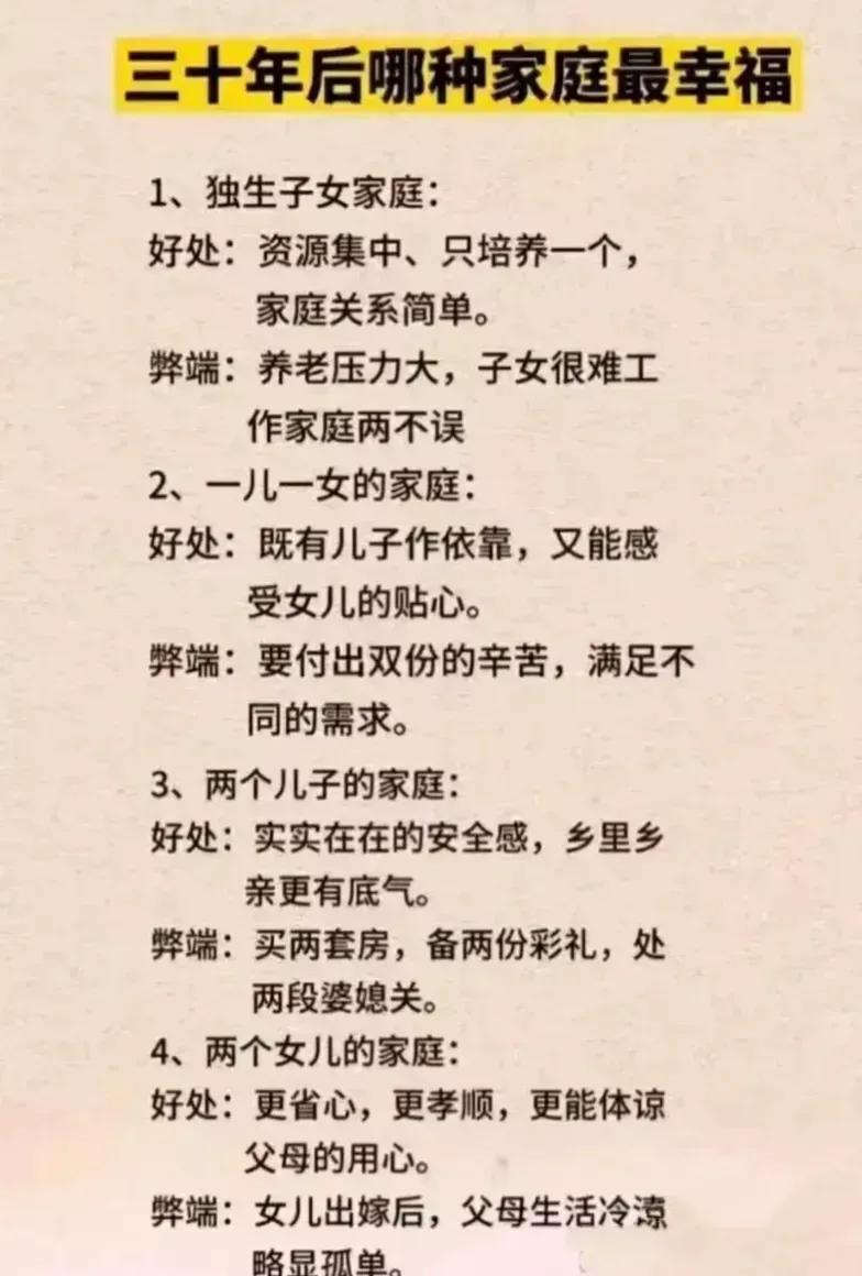 大家觉得，三十年后哪种家庭最幸福？每个人都有自己独特的看法，有人认为一儿一女的家
