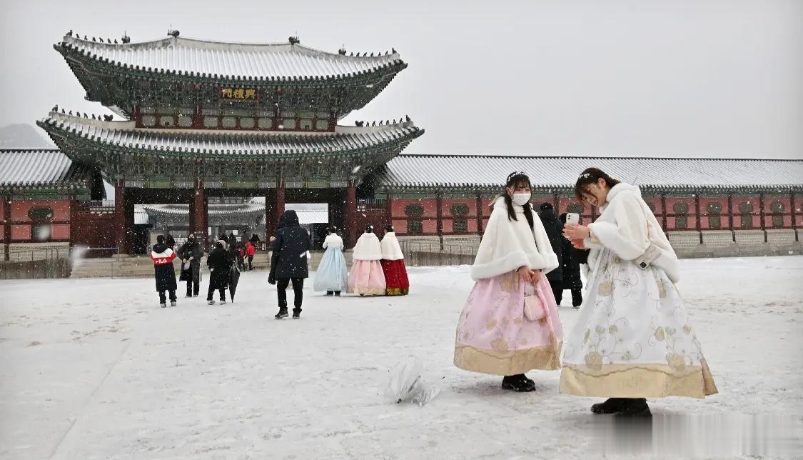 游客们在雪中参观首尔景福宫。1