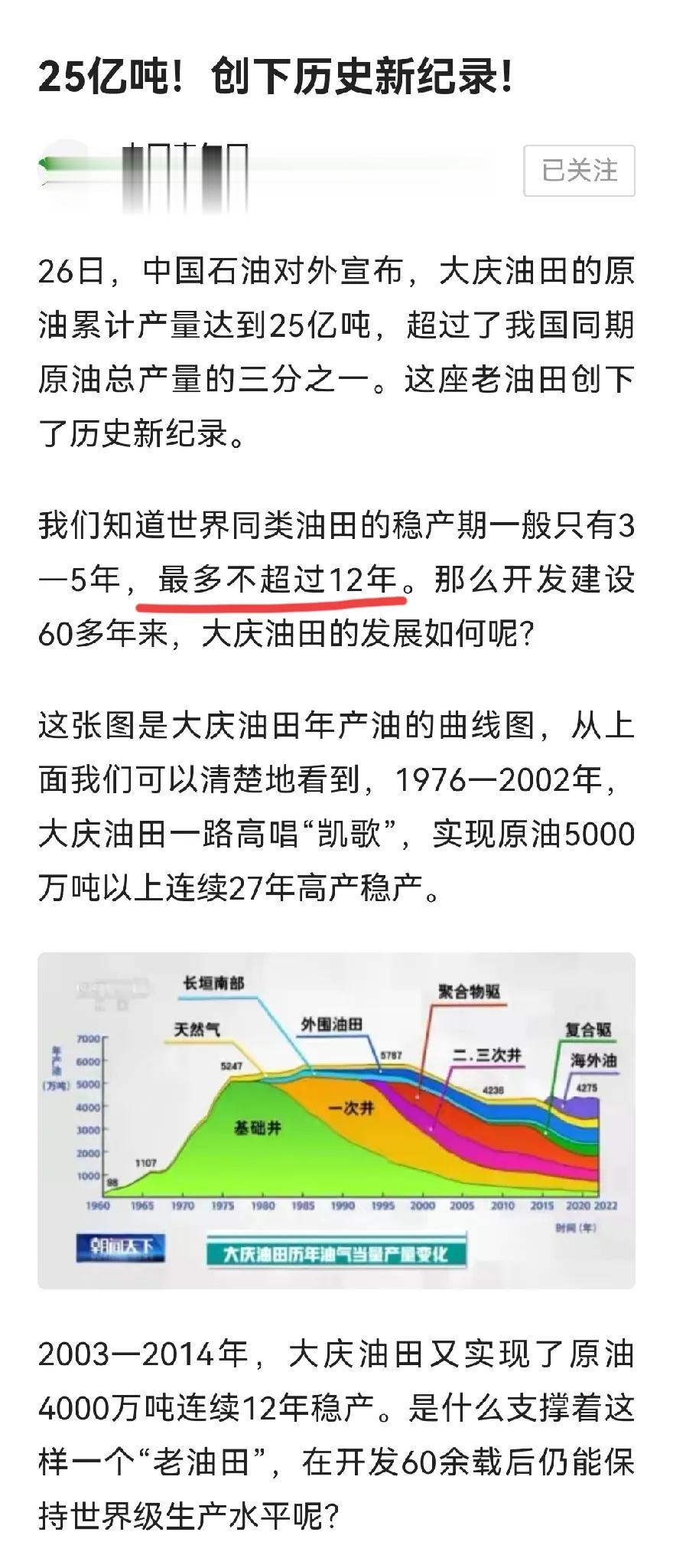 读报学习:
1、油田稳产期一般3-5年，最多不超过12年。大庆油田连续实现了40