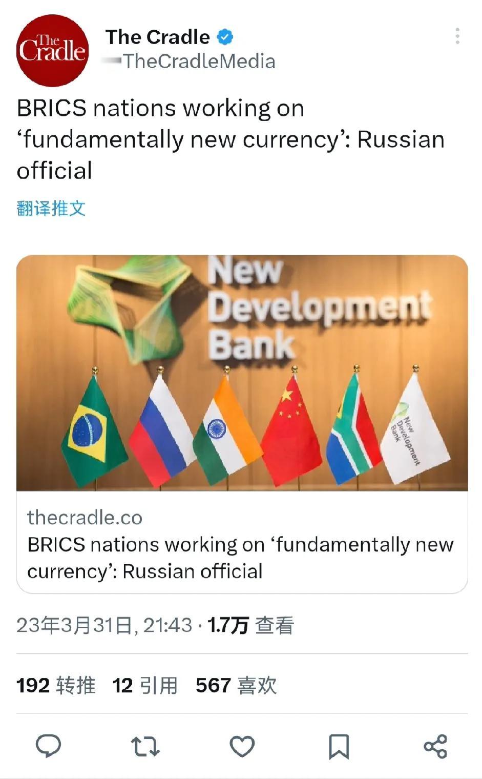 世界格局将巨变。俄罗斯国家杜马副主席亚历山大·巴巴科夫说:“金砖五国正在研究一种
