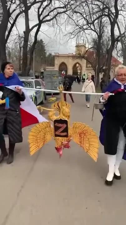 在布拉格，乌克兰人组织了对双头鹰的处决仪式。
大家围绕着欧盟的旗帜，大家一路抬着