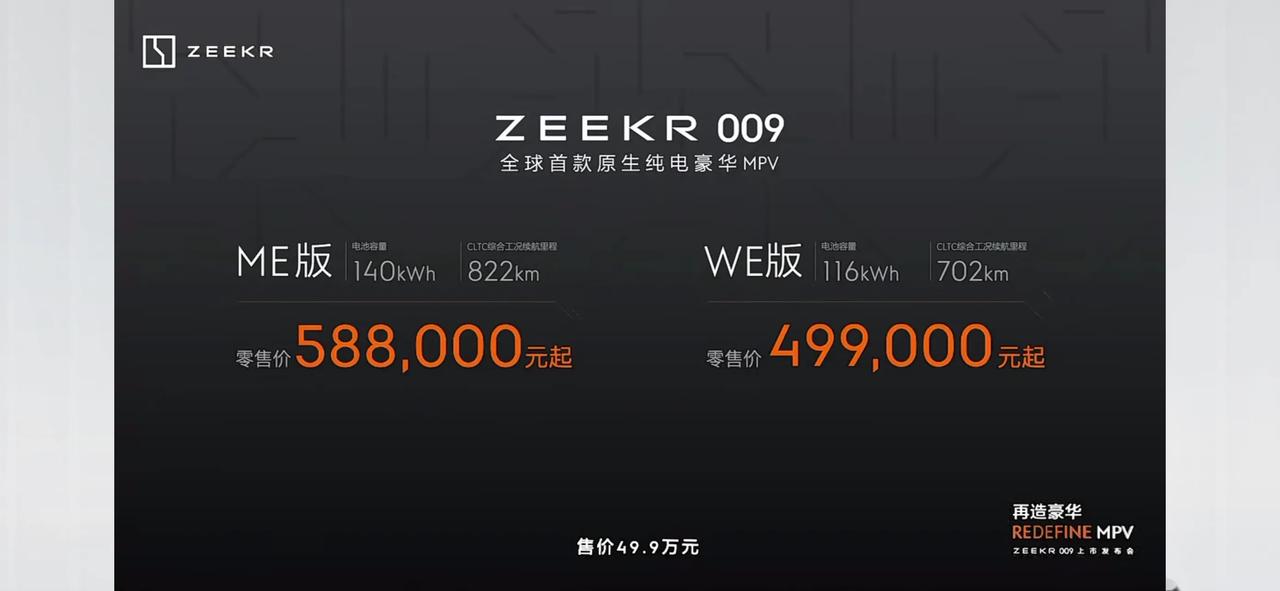 极氪009，49.9万，58.8万，交1万大订，开始排产，明年1月开始交付。你们