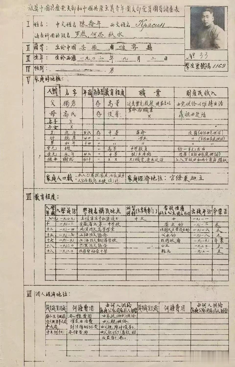 在陈独秀次子陈乔年填写的一份履历表里，家庭关系一栏中，父亲陈独秀和兄长陈延年的职