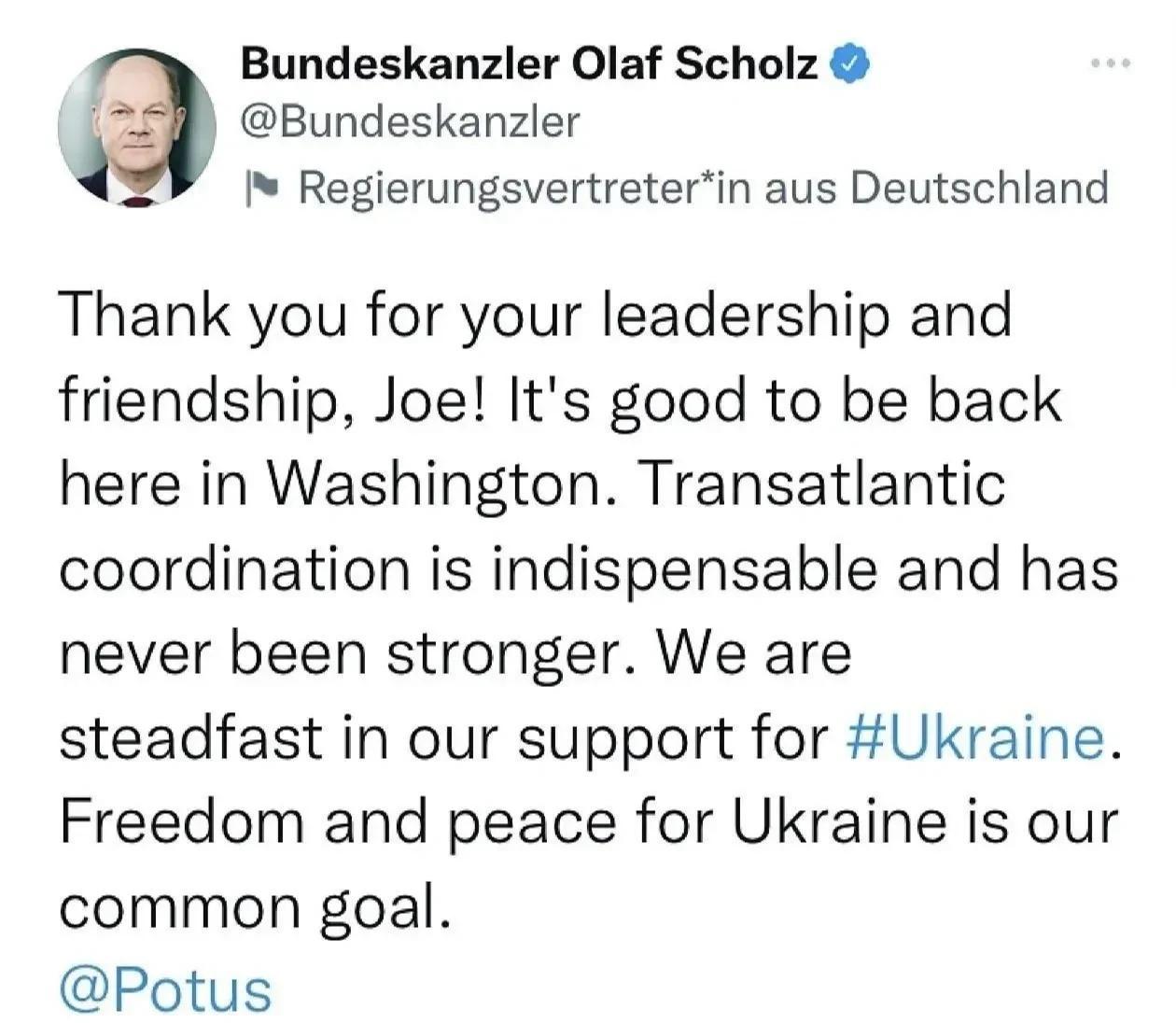 苏尔茨于3日秘密低调访问华盛顿，并于4日发推对拜登说，谢谢你的领导和友谊，乔!很