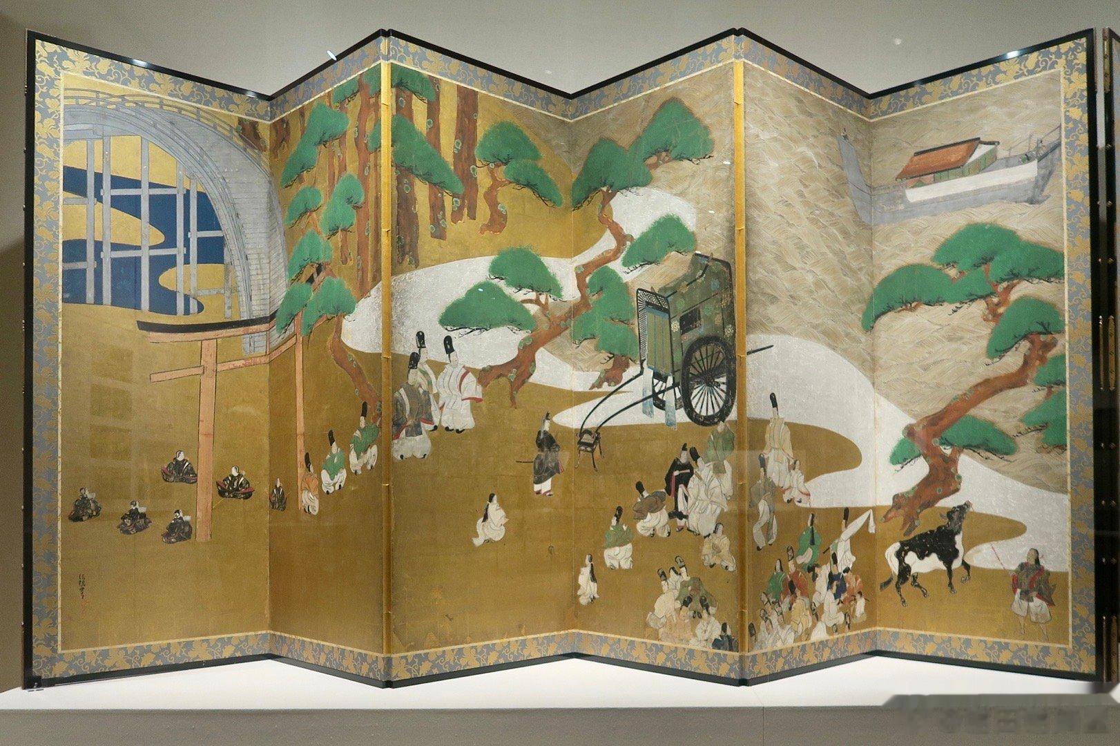 源氏物语屏风，关屋图及澪标图。日本国宝，俵屋宗达画，静嘉堂美术馆藏。《源氏物语》