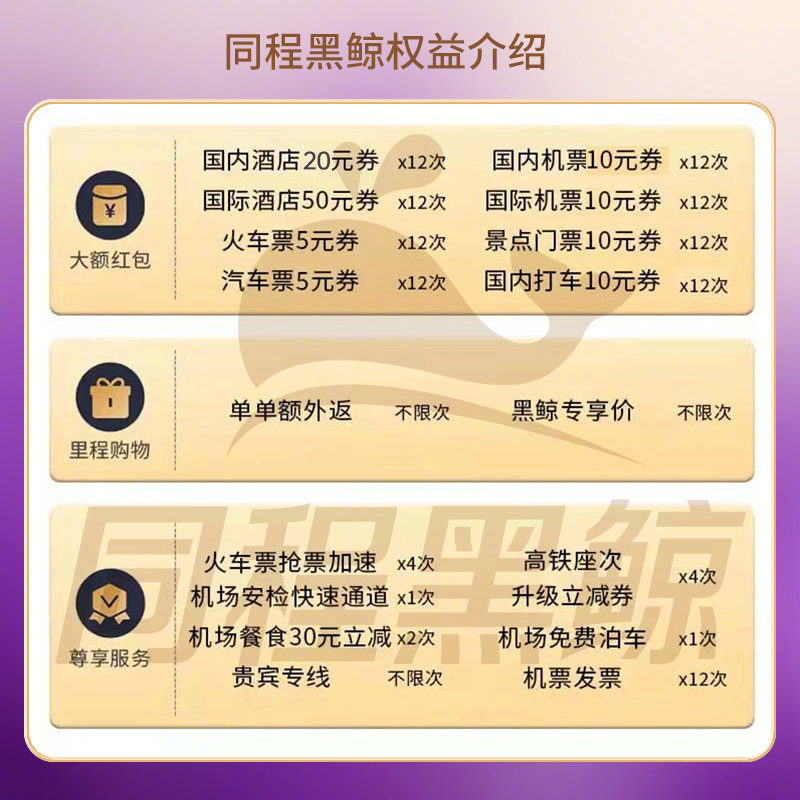 【买1得2】同程黑鲸年卡 内含8选一视频会员月卡*12次【现价】139 元【券后