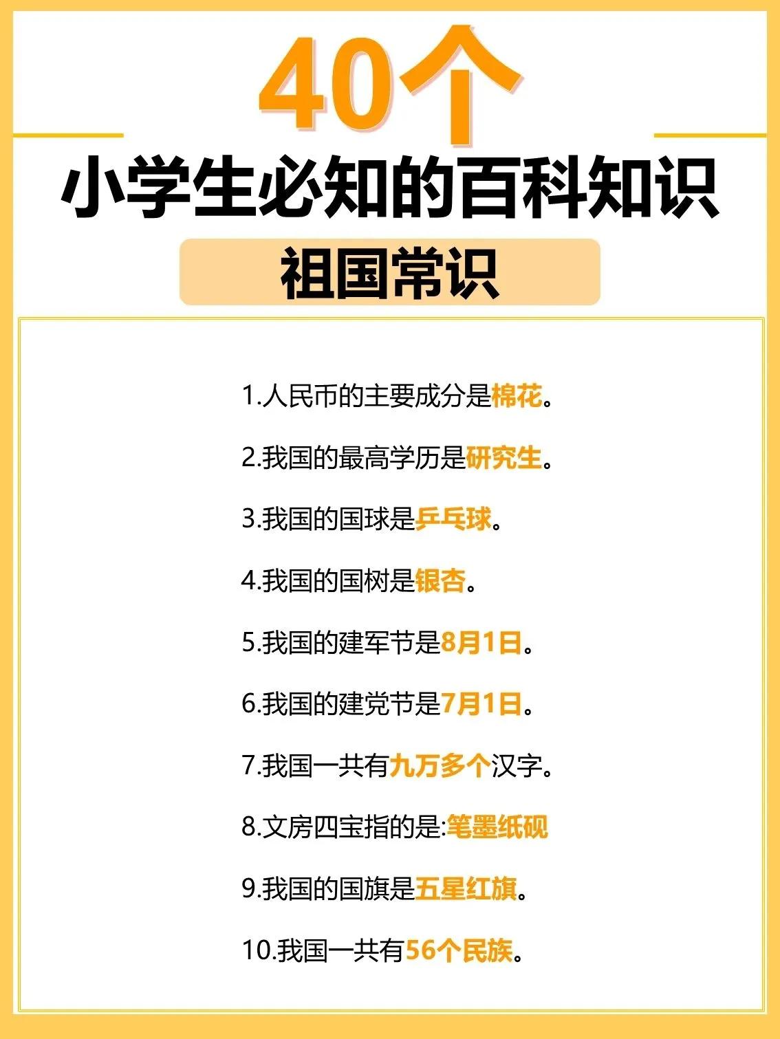 [心]我的天，学霸都不一定能全部知道的中国百科知识点！
来啦！小学生必备百科知识