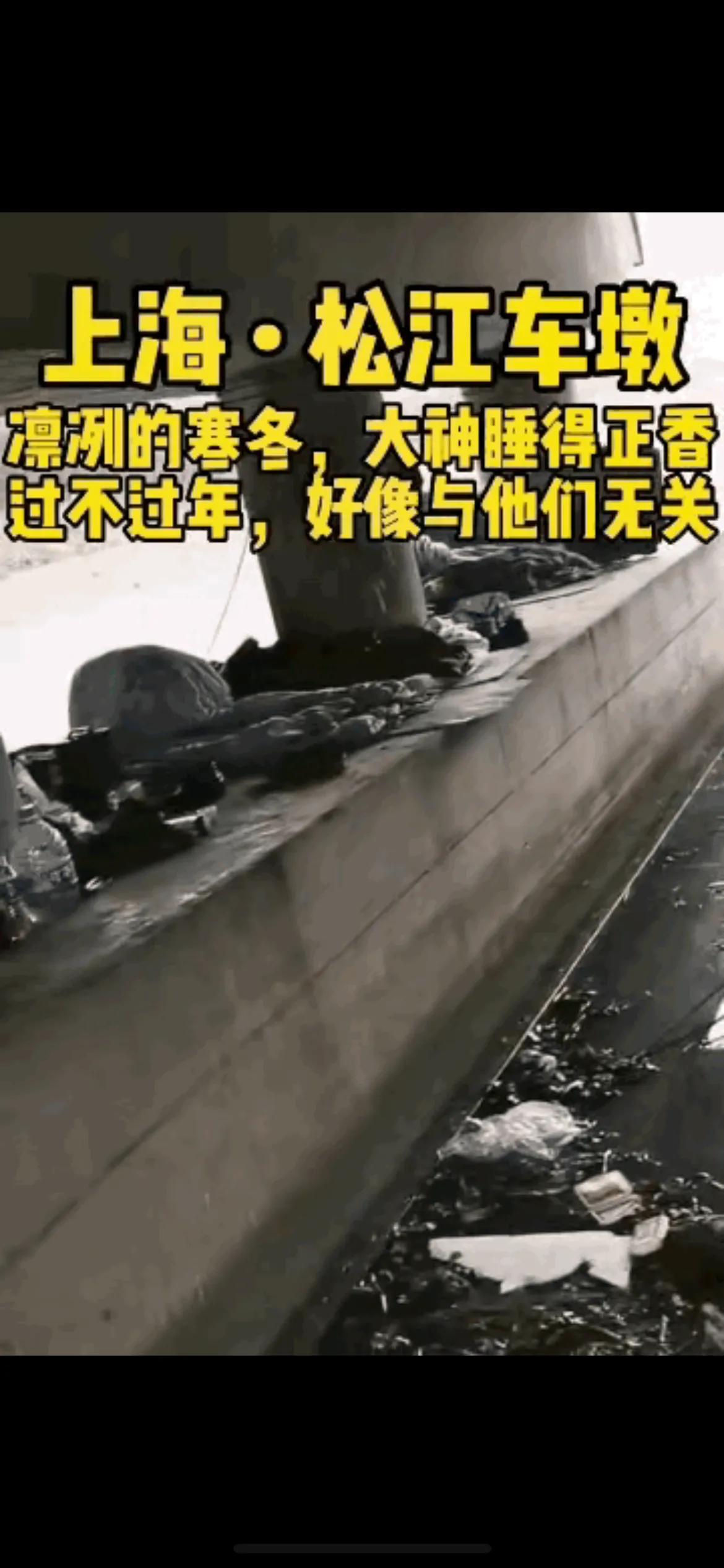 上海松江区车墩镇的一座大桥下，一群“三和大神”席地而卧，在这严寒天气里，裹着薄薄