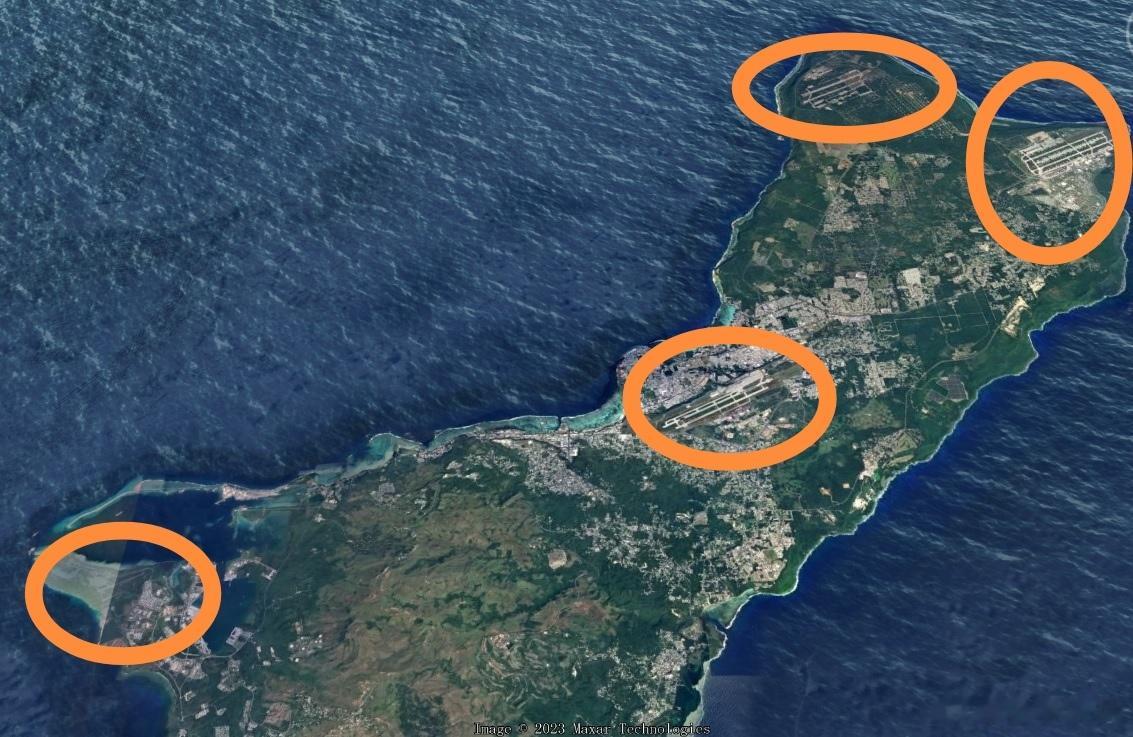 美军大力建设的关岛，是有四个机场的。一个民用，两个军用，一个备用。现在主要使用安