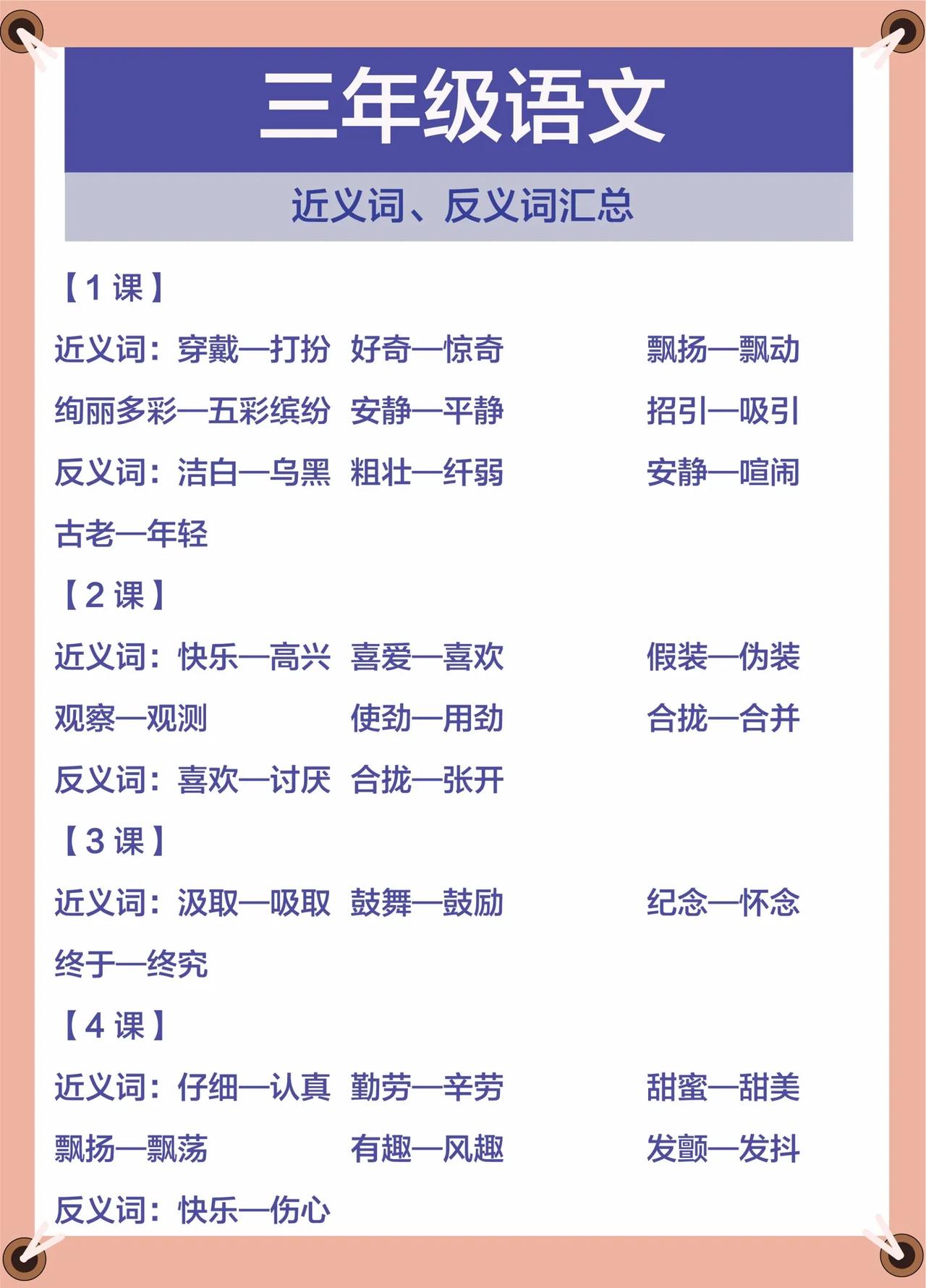 三年级家长收藏打印，语文班主任整理的，三年级语文近义词反义词汇总。
三年级语文近