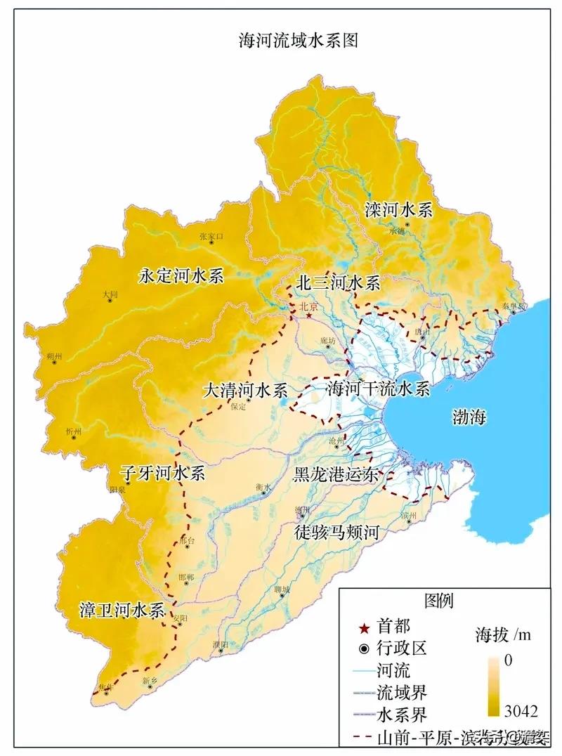 海河水系跟别的水系比，有个很大的区别。
长江水系、珠江水系等，往往都是一条干流其