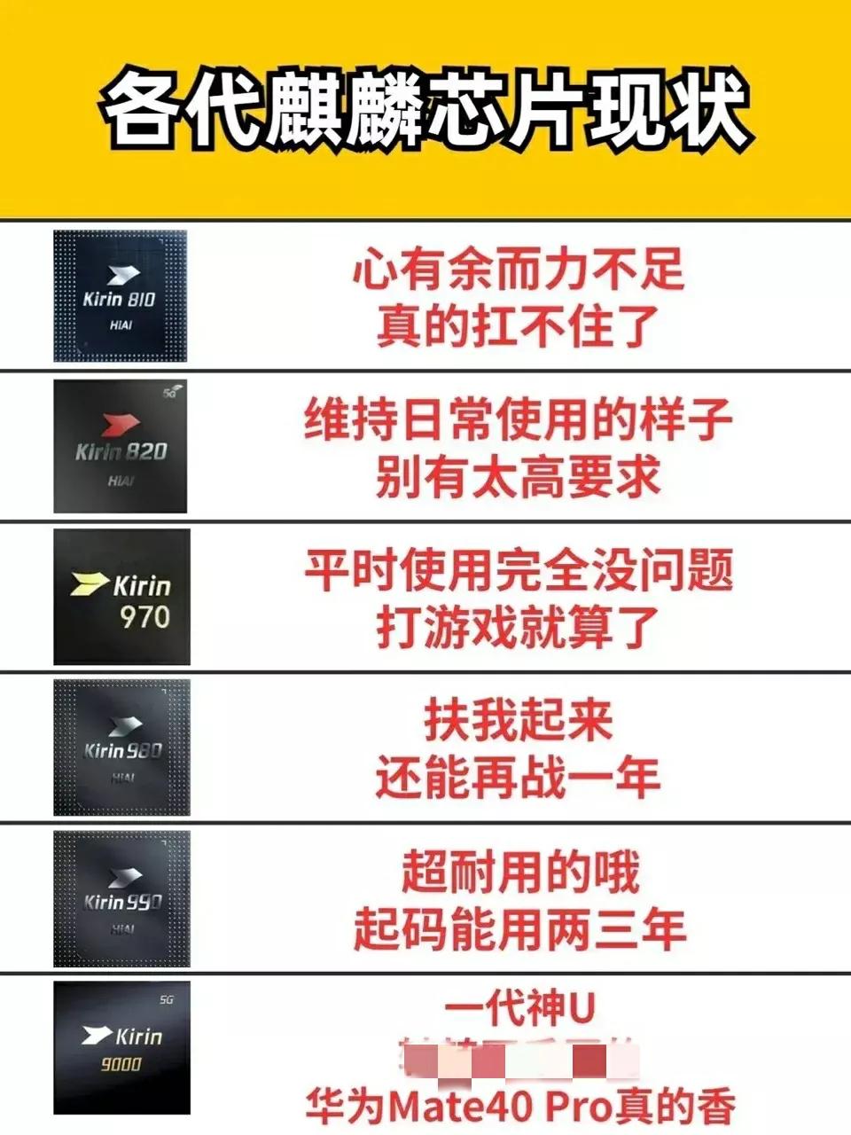 网友整理的，各代麒麟芯片的的现状。

810.心有余而力不足，真的扛不住了

8