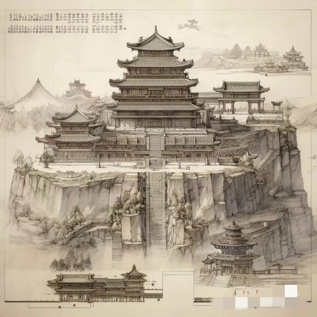 AI生成的中国古建筑图纸，虽然有一些古建筑元素不符合，但这水平已经赶超建筑师了，