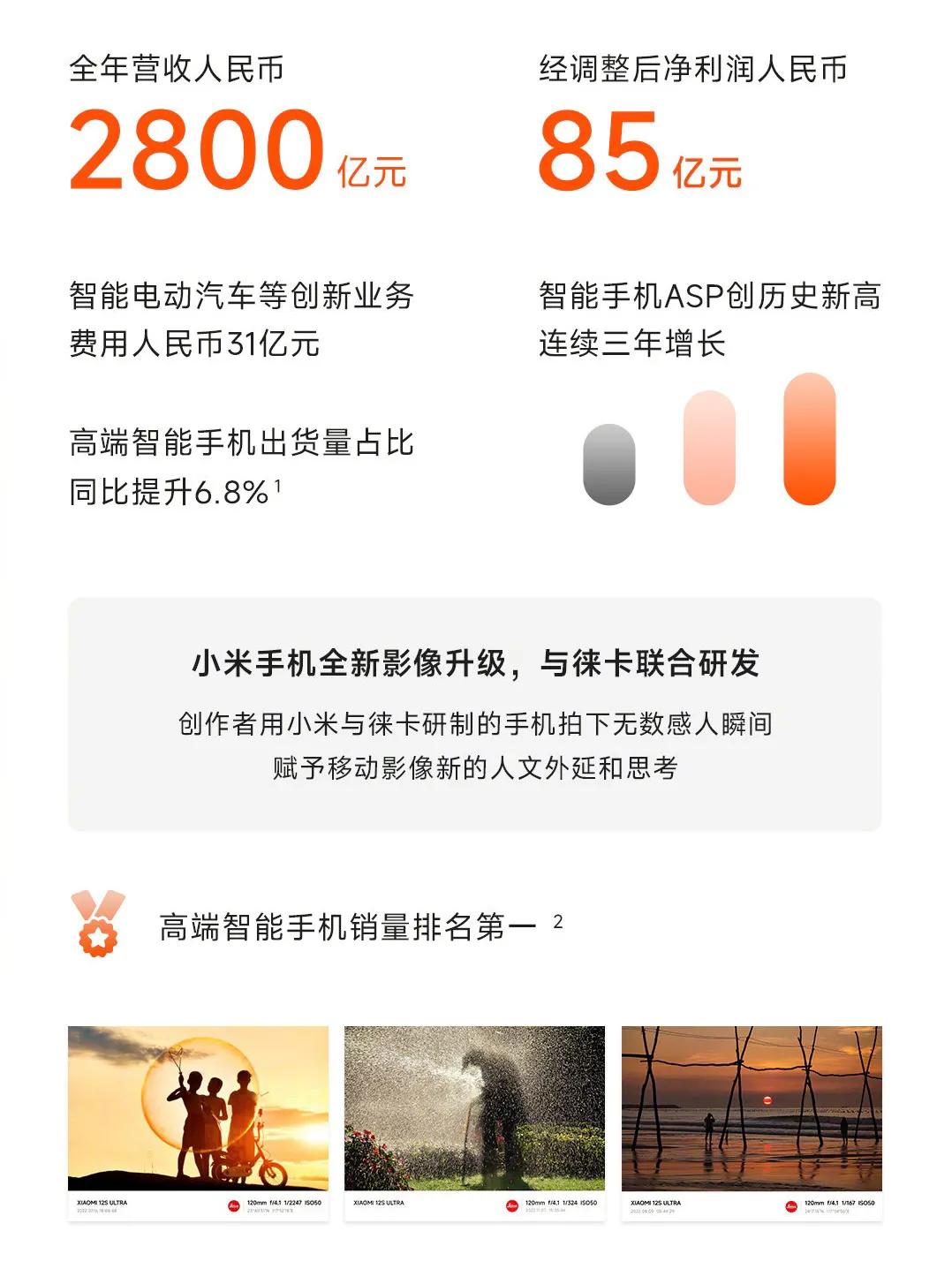  ：

1、全年营收2800亿元，调整后净利润85亿元；

2、高端智能手机出货