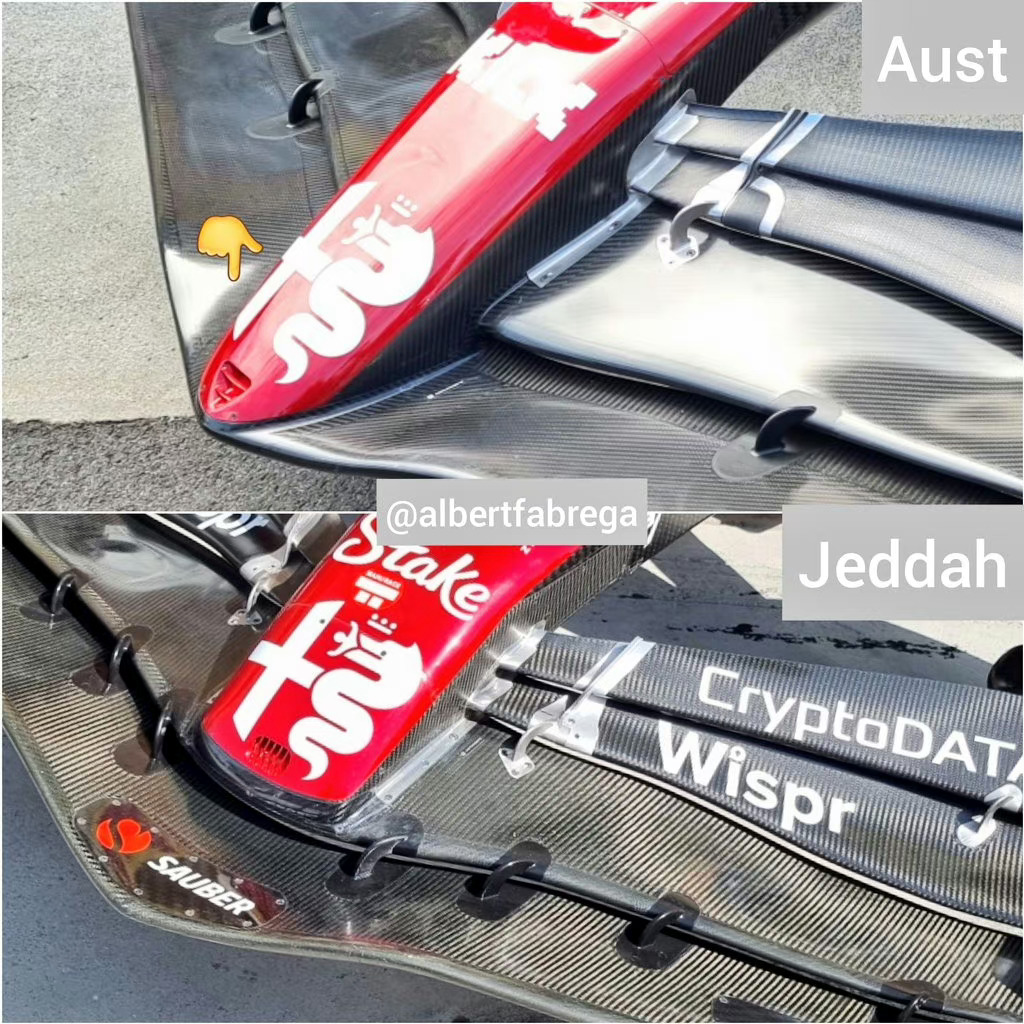 本周阿尔法罗密欧车队新的前鼻锥设计；还有红牛车队的前翼和端板升级（via Alb