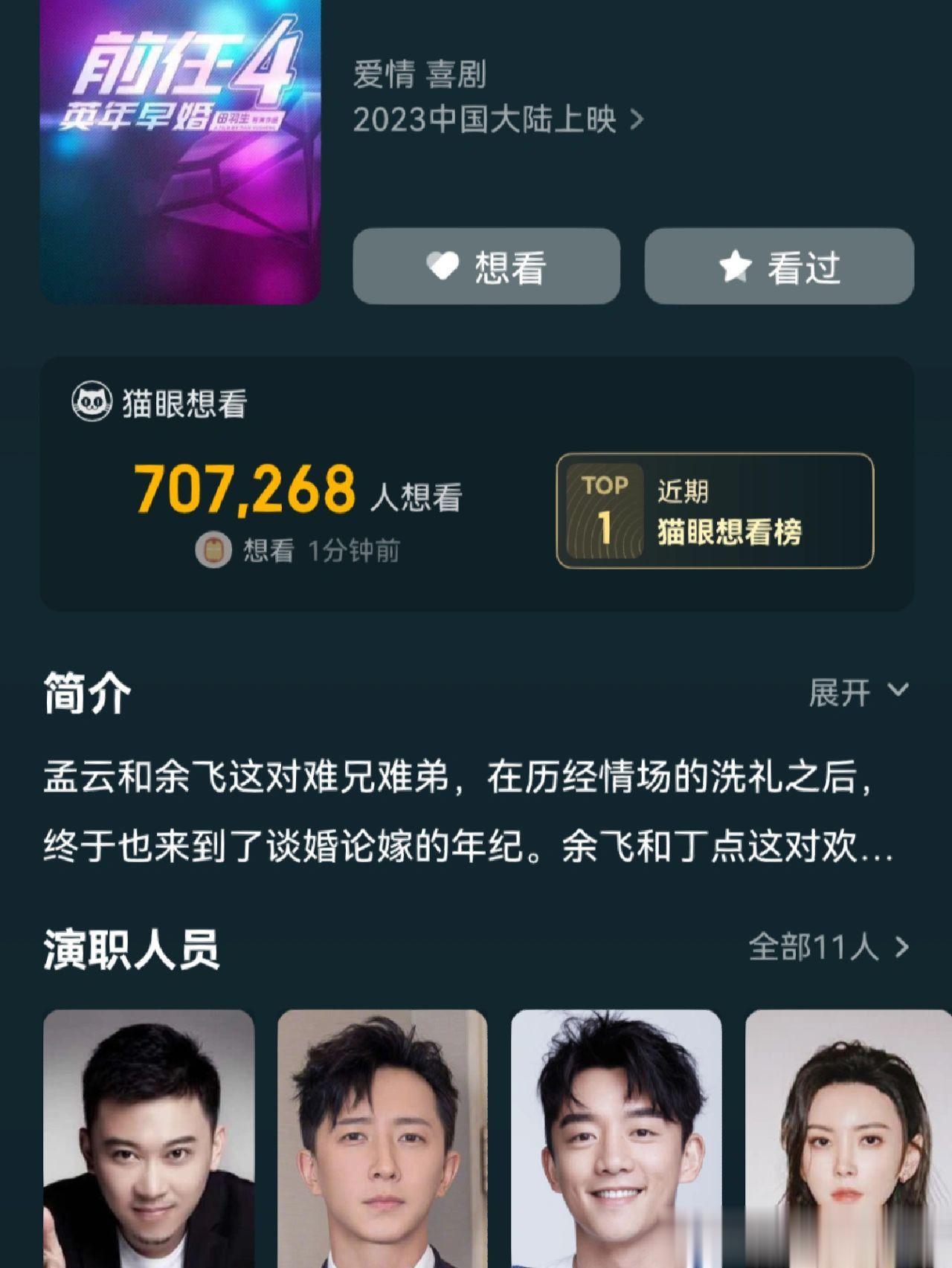 猫眼上的想看榜，《前任4》排名第一，热度这么高吗？连预告片都还没有啊，而且之前几