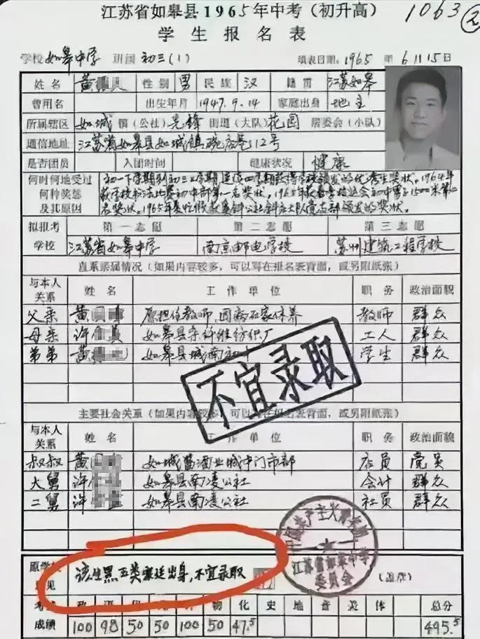 这张1965年江苏中考学生报名表，记录了一名来自“黑五类”家庭的学生参加升学考试